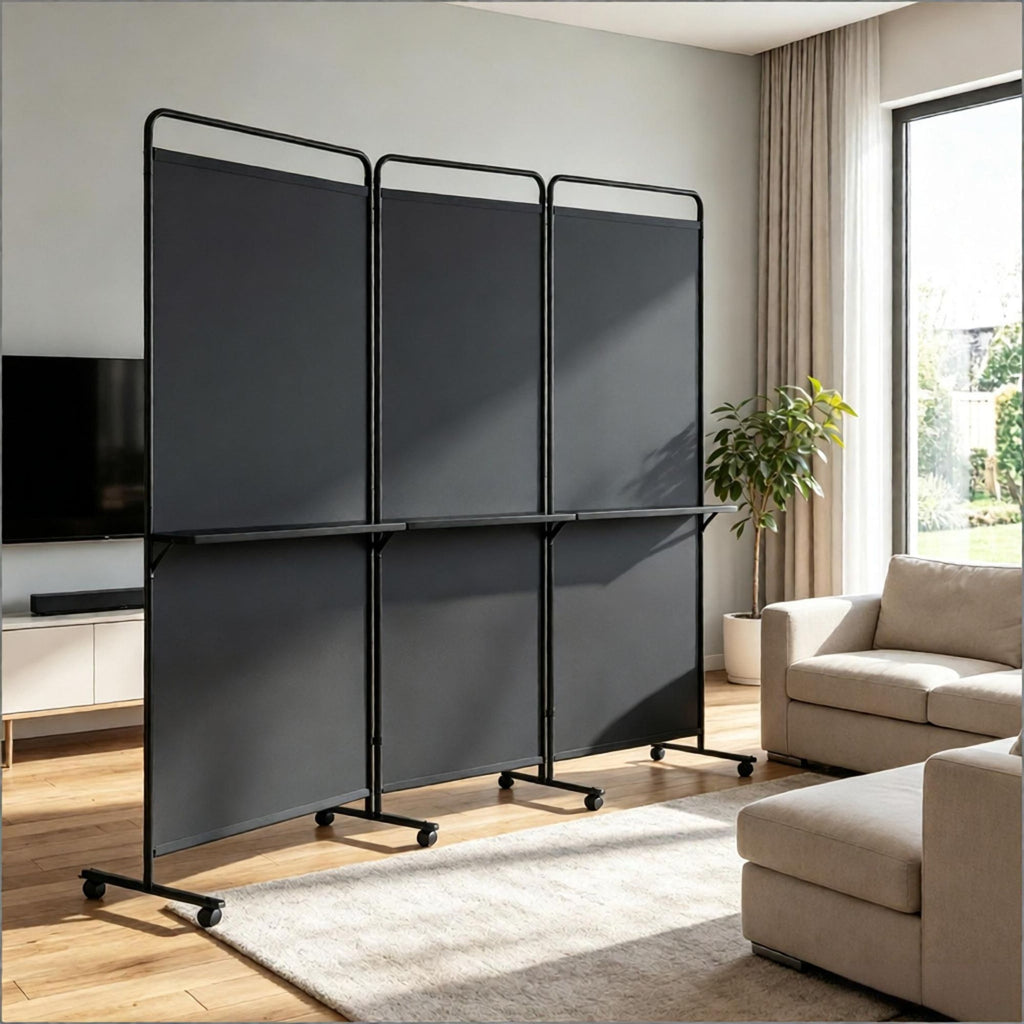 3-Panel Room Divider with Shelves 6FT Tall Folding Privacy Screen Partition with Lockable Wheels for Home Office Organization