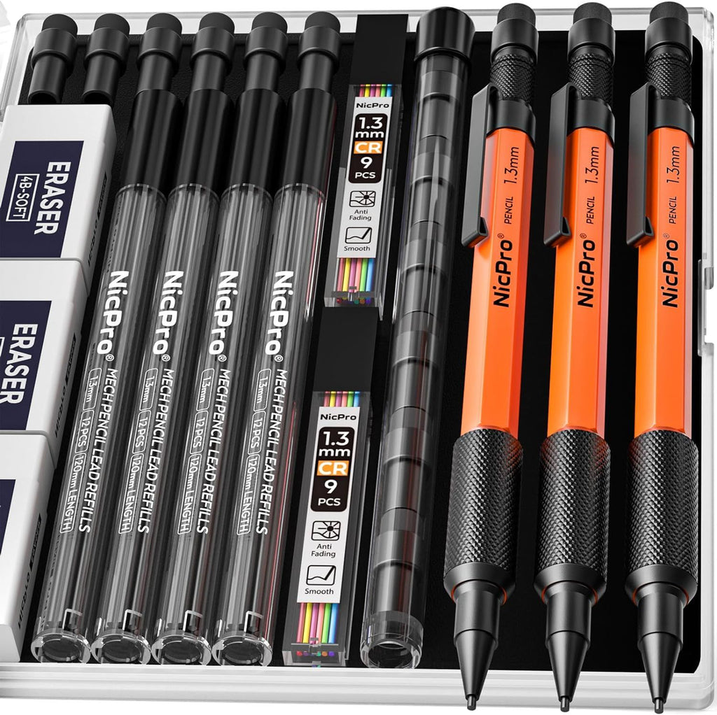 3 PCS 1.3 mm Orange Mechanical Pencils Set with 66 Lead Refill, 3 Eraser - Weatherproof Metal Barrel, Heavy Duty Carpenter Pencil MP2000 for Outdoor Marking Drafting Drawing Woodworking