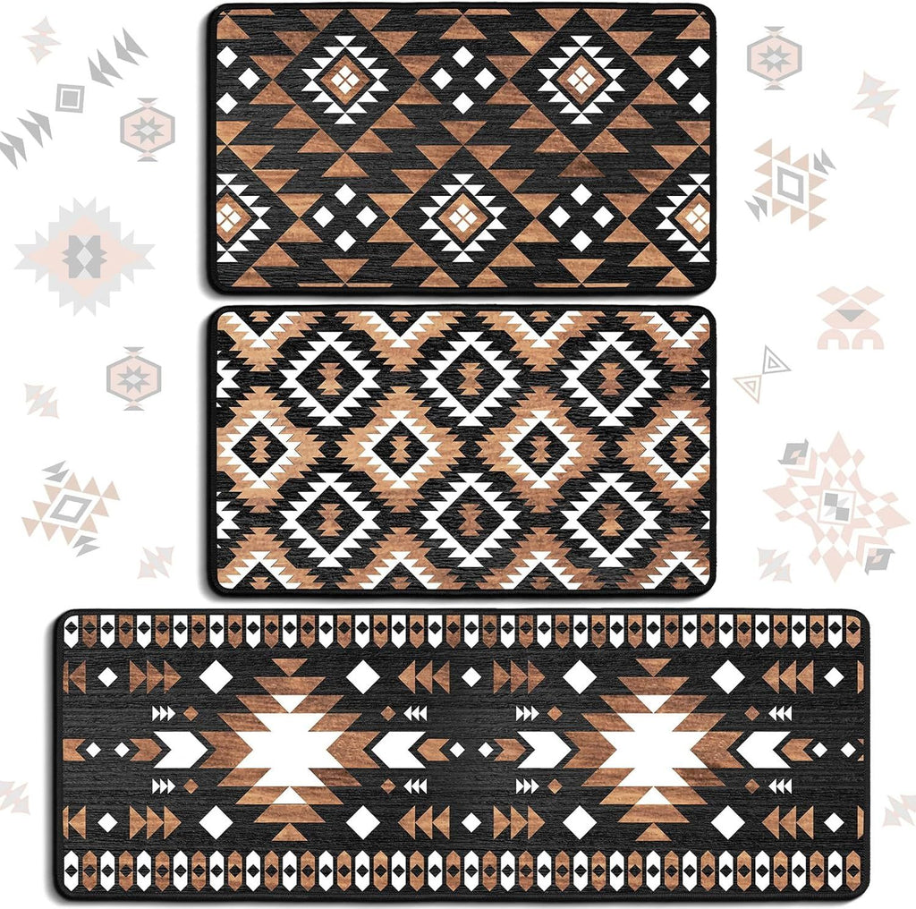 3 Pcs Aztec Western Kitchen Rugs and Mats Set Boho Farmhouse Non Slip Rug Geometric Waterproof Floor Mat Aztec Western Decor for Kitchen Home Entryway Bar Office Bathroom Door Party Decor