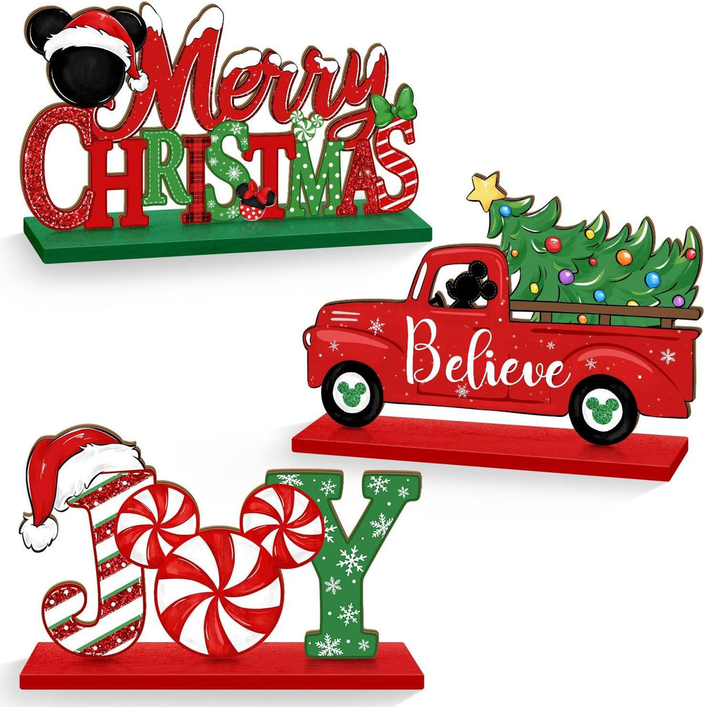 3 Pcs Christmas Mouse Table Sign Decor, Cute Merry Christmas Centerpieces Decorative Wooden Signs, Winter Holiday Party Tabletop Decorations Joy Truck Ornament for Xmas Tiered Tray