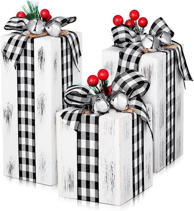 3 Pcs Christmas Wooden Gifts Box Decor Christmas Plaid Presents Table Centerpieces Rustic Wooden Gifts Tiered Tray Decor with Buffalo Plaid Bowknot for Xmas Party(White,Classic)