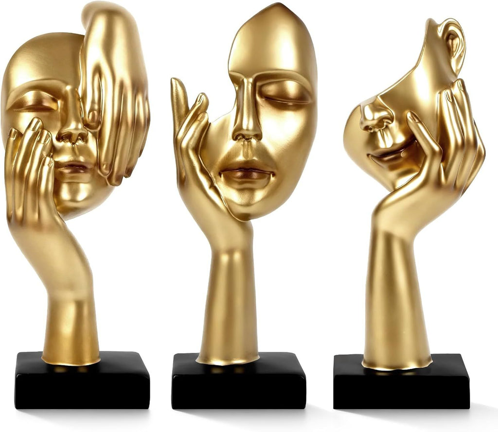 3 Pcs Thinker Statue, Modern Home Resin Sculptures, Collectible Figurines for Home Office Bookshelf Desktop Decor (Golden)