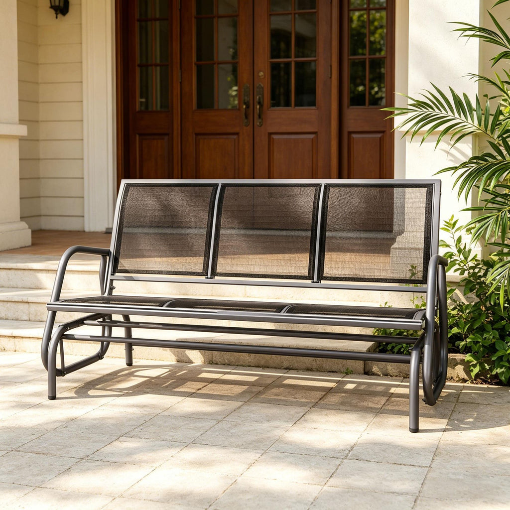3-Person Outdoor Patio Glider Bench Porch Swinging Chair with Breathable Mesh Fabric Metal Frame Black