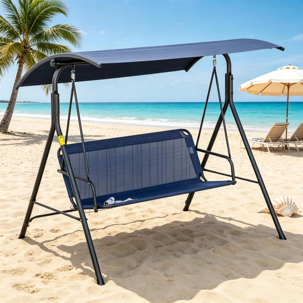 3-Person Outdoor Porch Swing with Stand Dark Blue Adjustable Tilt Canopy Comfortable Bench-Style Seat Steel Frame for Patio