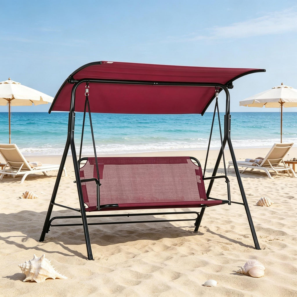3-Person Outdoor Porch Swing with Stand Wine Red Adjustable Tilt Canopy Comfortable Bench-Style Seat Steel Frame for Patio