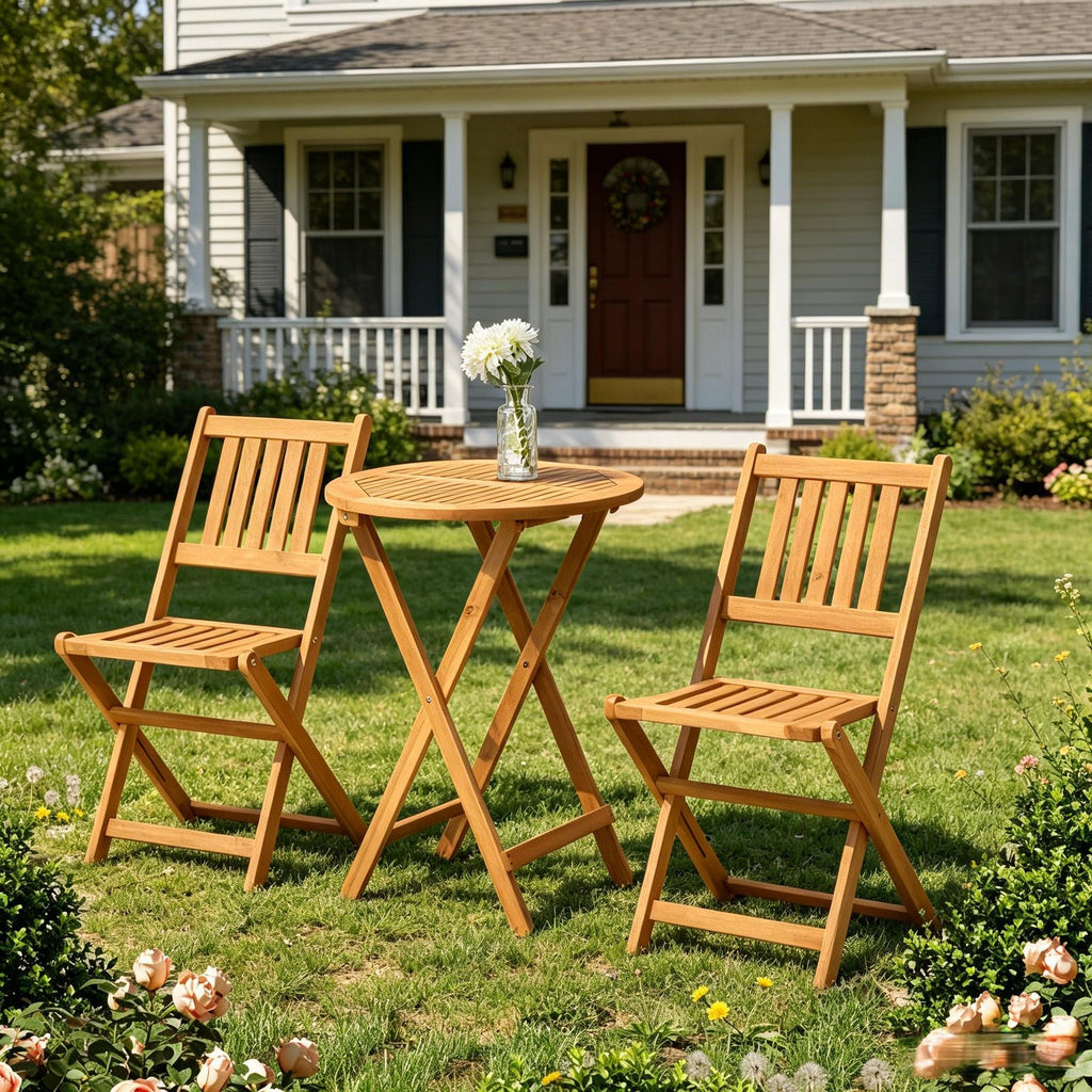 3-Piece Acacia Wood Bistro Set Folding Patio Furniture with 2 Chairs And round Coffee Table Teak Slatted Finish for Backyard Balcony Deck Natural