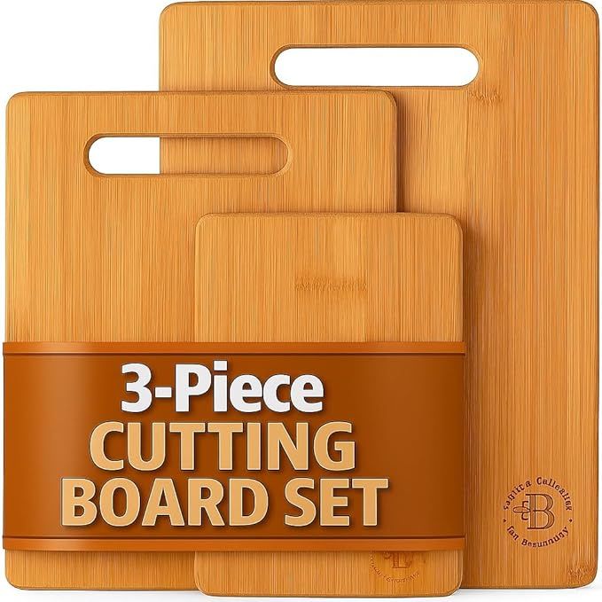 3-Piece Bamboo Cutting Board Set - Wood Cutting Boards for Kitchen, Chopping Meat, Vegetables, Fruits & Cheese - Reversible, Knife-Friendly Serving Trays with Handles, Eco-Friendly & Durable