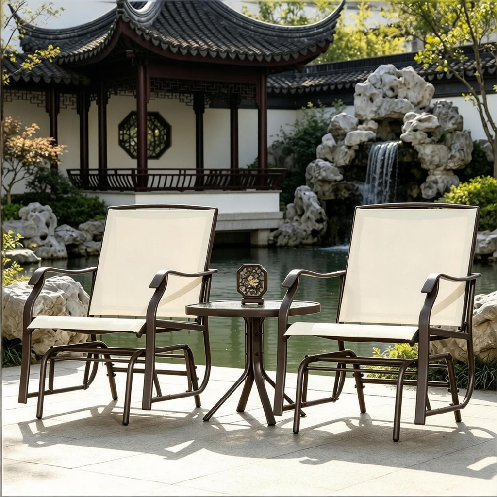 3 Piece Cream White Outdoor Glider Chair Set with Coffee Table 2 Patio Rocking Swing Chairs Breathable Sling Fabric Glass Top for Backyard Garden Porch