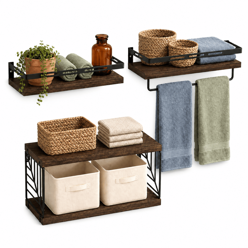 3-Piece Floating Wall Shelves Set, Rustic Brown Wood Wall Mounted Shelves with Towel Bar and Metal Guardrails, 22 lb Capacity Per Shelf, 15.85 x 5.95 Inch