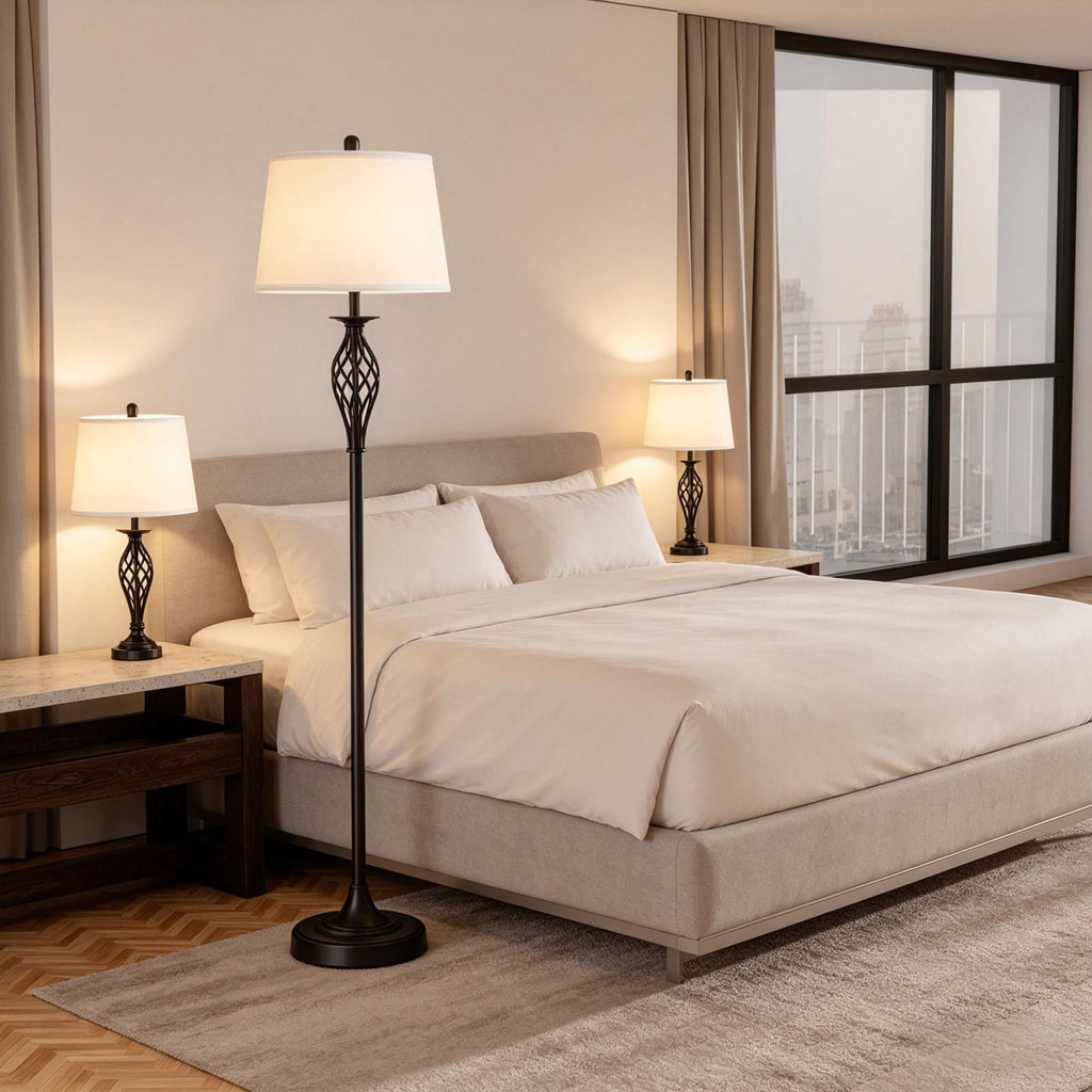 3 Piece Floor Lamp Set with Metal Pole round Base And Fabric Lampshade for Living Room Decorative Lighting Accessories