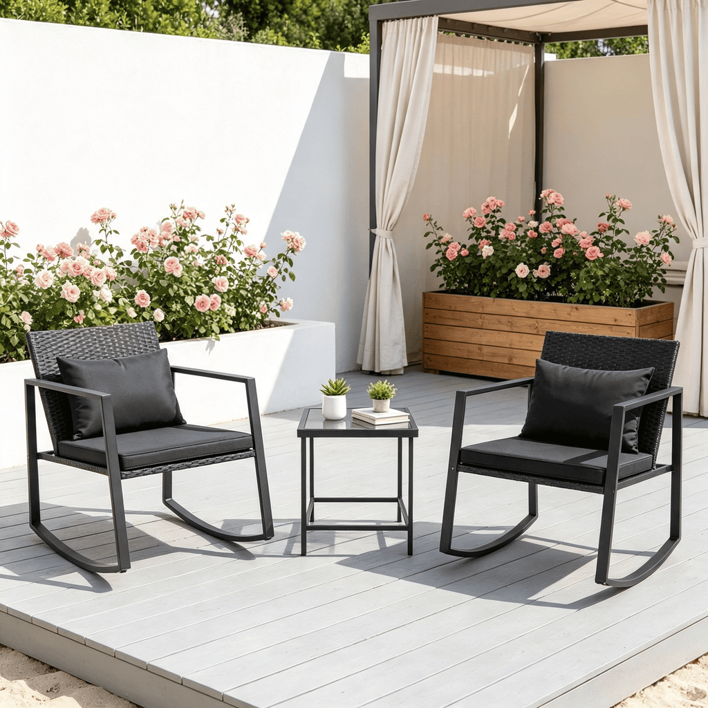 3-Piece Outdoor Rocking Bistro Set with Soft Cushions And Tempered Glass Table for Garden Patio Coffee