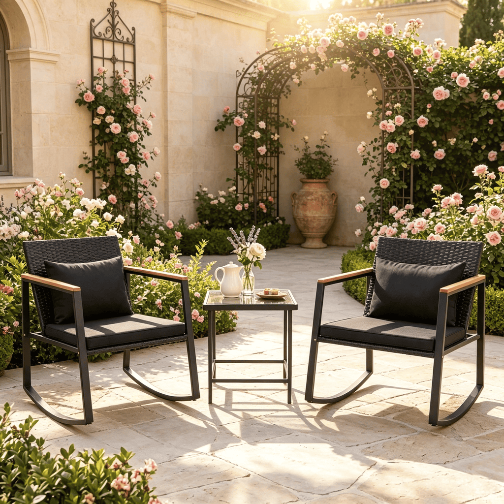 3-Piece Outdoor Rocking Bistro Set with Soft Cushions And Tempered Glass Table for Garden Patio Coffee