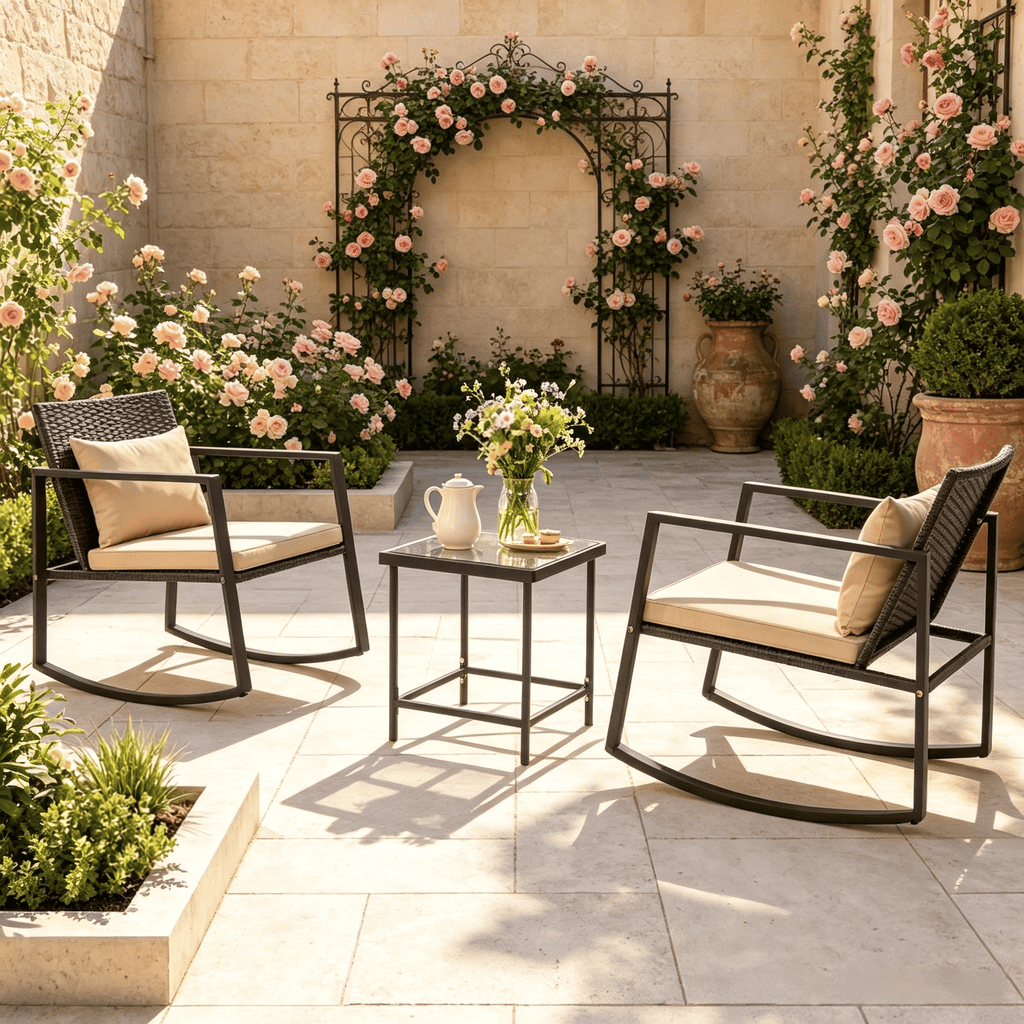 3-Piece Outdoor Rocking Bistro Set with Soft Cushions And Tempered Glass Table for Garden Patio Coffee
