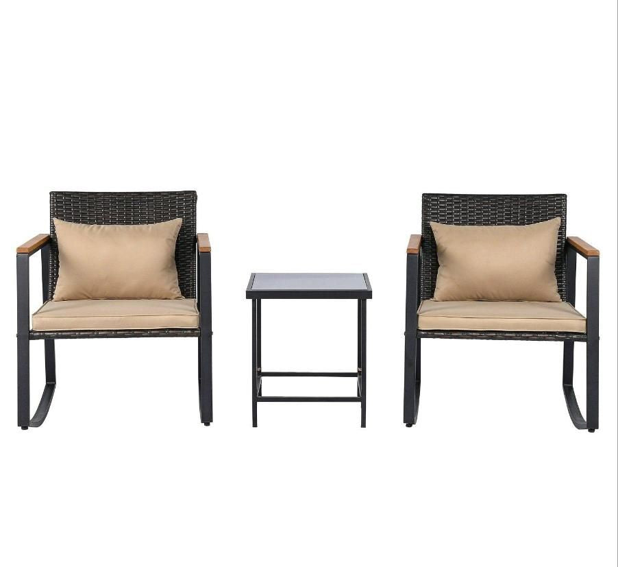 3-Piece Outdoor Rocking Bistro Set with Soft Cushions And Tempered Glass Table for Garden Patio