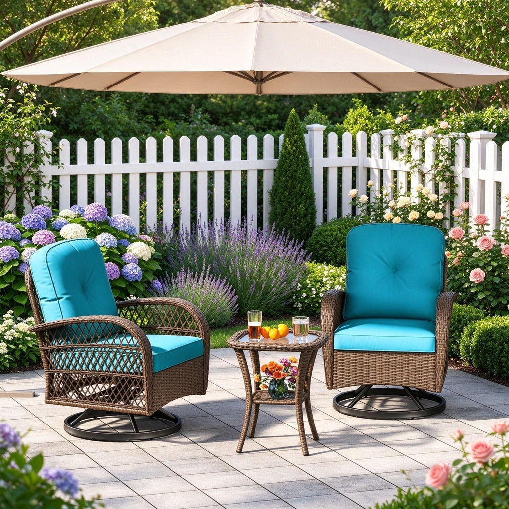 3 Piece Patio Swivel Rocker Set with Tempered Glass Side Table Thick Cushions Outdoor Rocking Chair Furniture Set