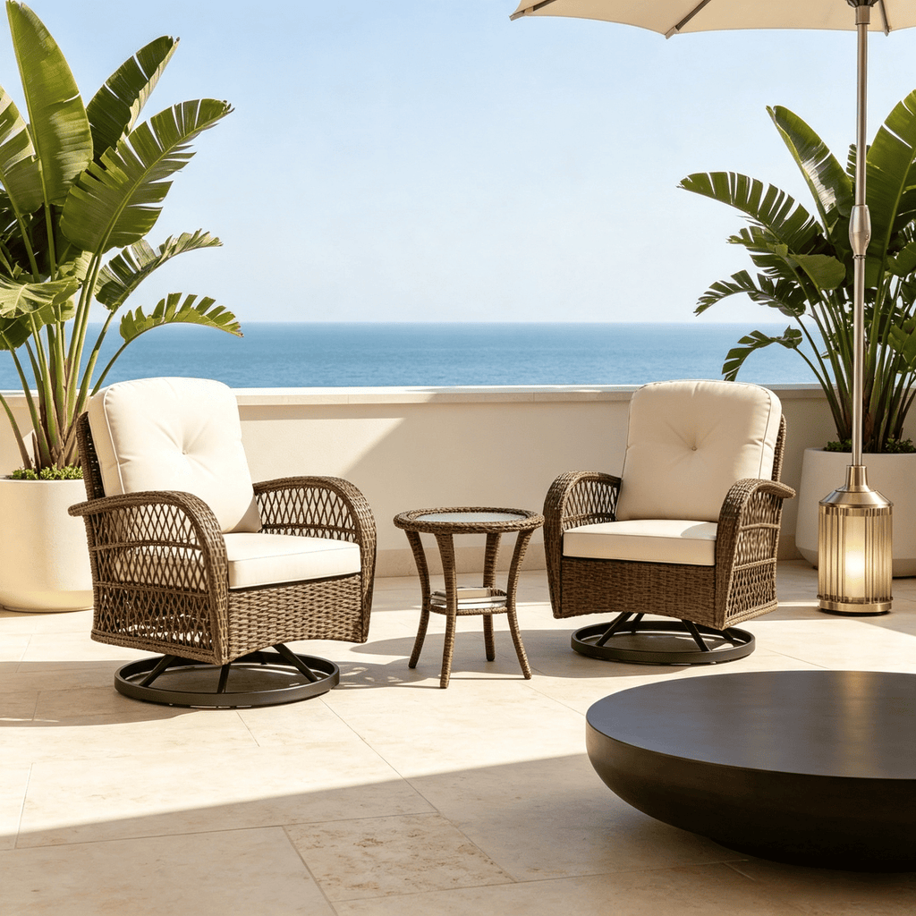 3 Piece Patio Swivel Rocker Set with Tempered Glass Side Table Thick Cushions Outdoor Rocking Chair Furniture Set