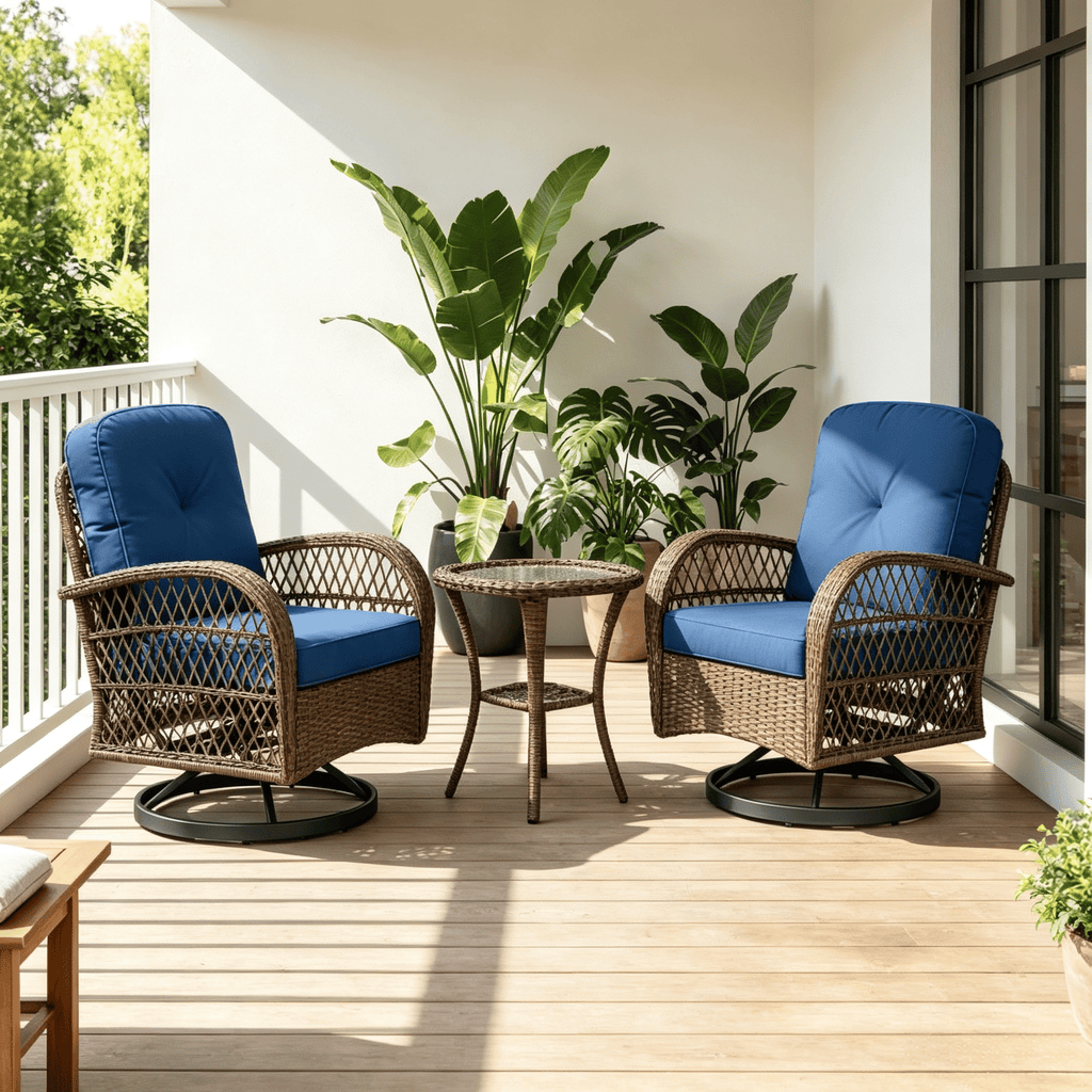 3 Piece Patio Swivel Rocker Set with Tempered Glass Side Table Thick Cushions Outdoor Rocking Chair Furniture Set