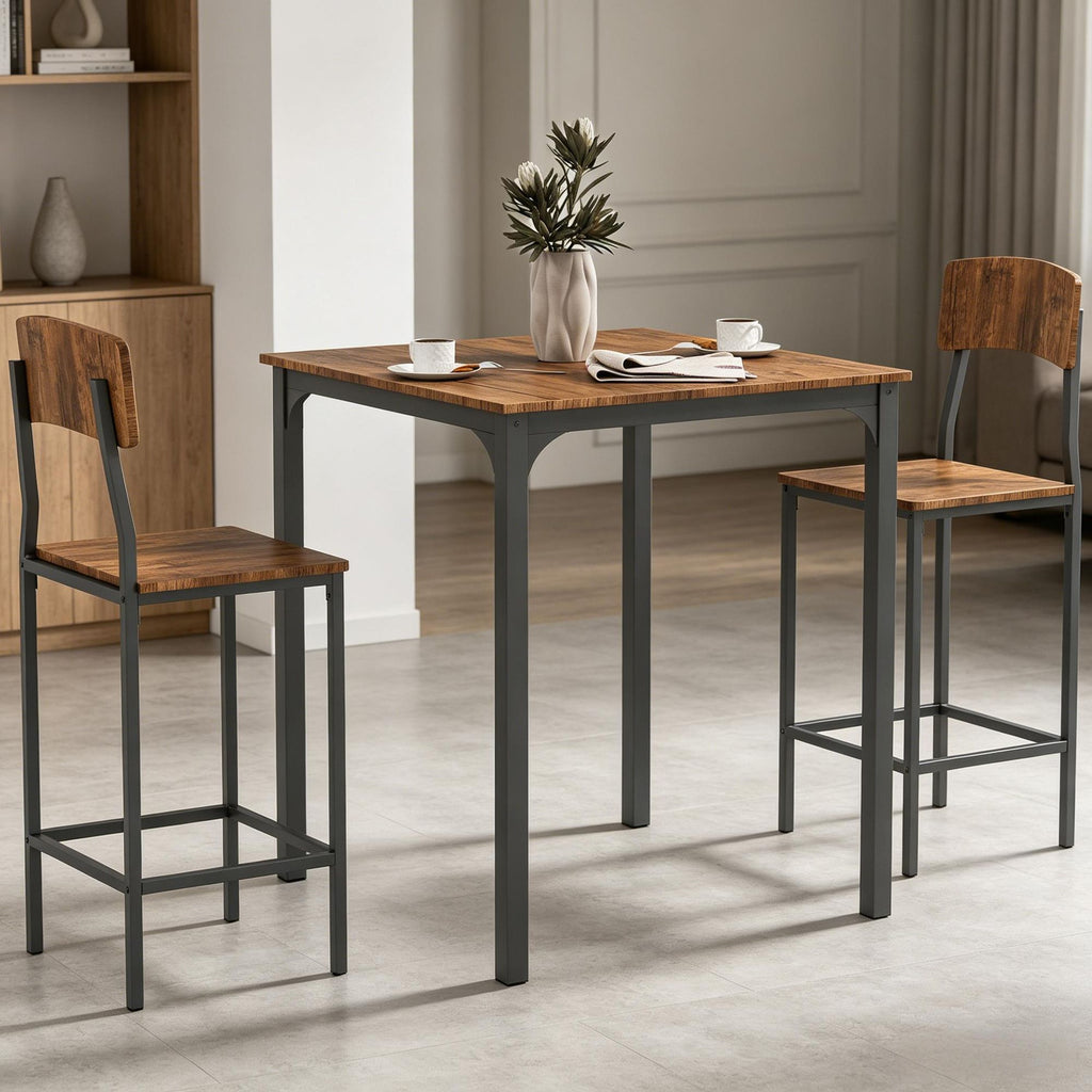 3 Piece Pub Table And Chairs Set Square Dining Table with 2 Stools Small Kitchen Table Walnut And Black Finish
