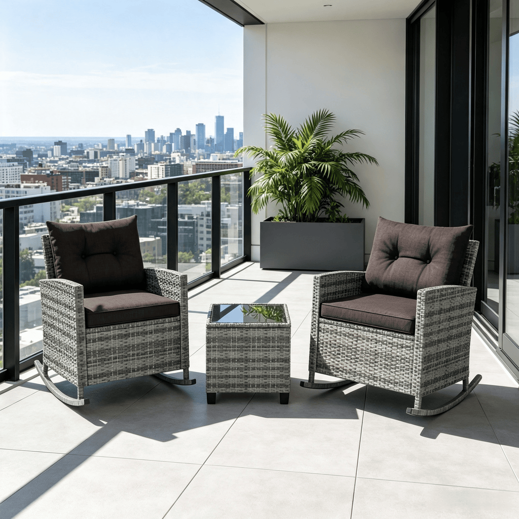 3-Piece Rattan Rocker Chairs Set with Tempered Glass Table And Soft Cushions Outdoor Patio Furniture