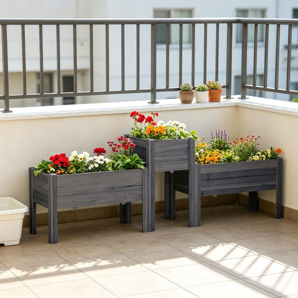 3-Piece Set Elevated Wood Raised Garden Bed with Legs And Liner for Backyard Patio Vegetable Herb Planter Gray