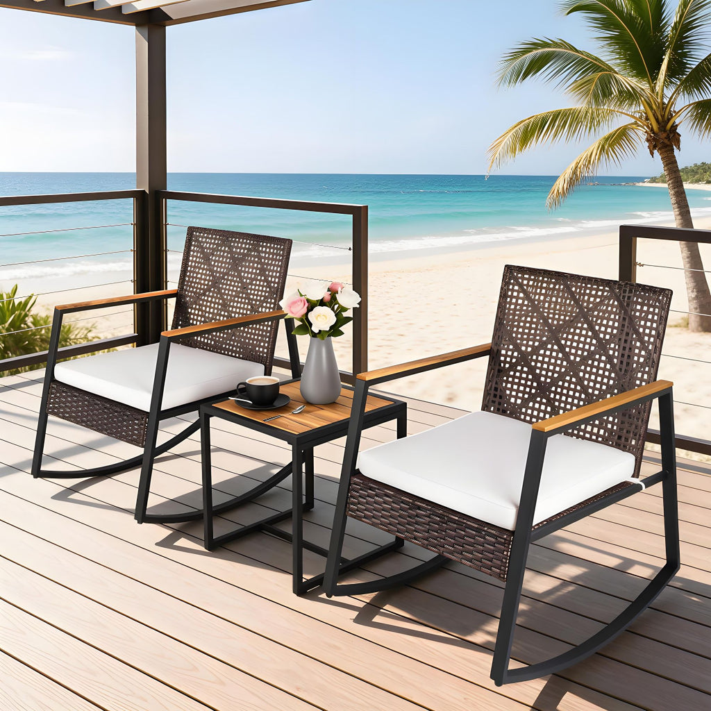 3-Piece Wicker Rocking Chair Set with Coffee Table And Cushions for Outdoor Porch Comfortable Rattan Rockers