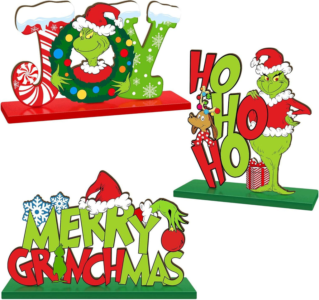 3 Pieces Christmas Table Signs Decorations, Merry Christmas Wooden Centerpiece Ornaments, Joy Wood Desktop Signs Decor for Kitchen Home Winter Whoville Xmas Holidays Theme Party Supplies
