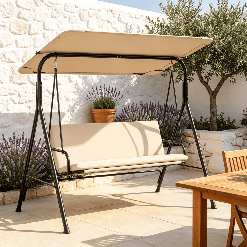 3-Seat Outdoor Patio Swing Chair Adjustable Tilt Canopy and Stand for Backyard Garden Decor