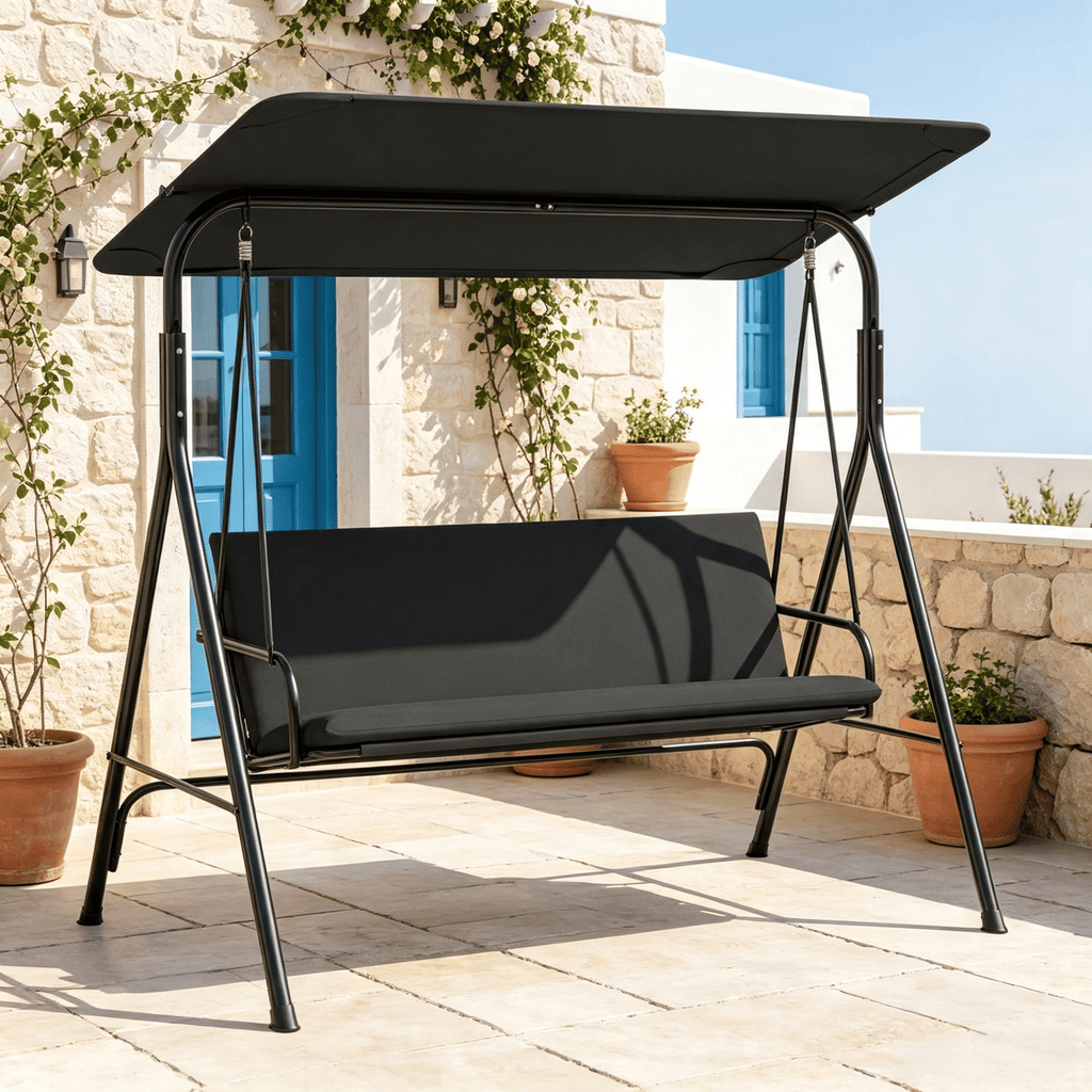 3-Seat Outdoor Patio Swing Chair Adjustable Tilt Canopy Included with Stand for Backyard Garden Decor