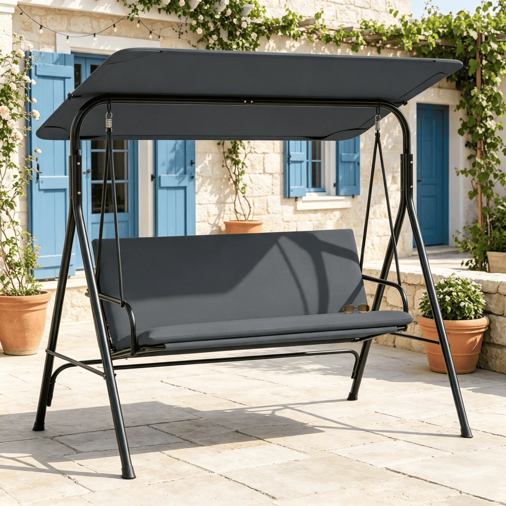 3-Seat Outdoor Patio Swing Chair Adjustable Tilt Canopy Included with Stand for Backyard Garden Decor