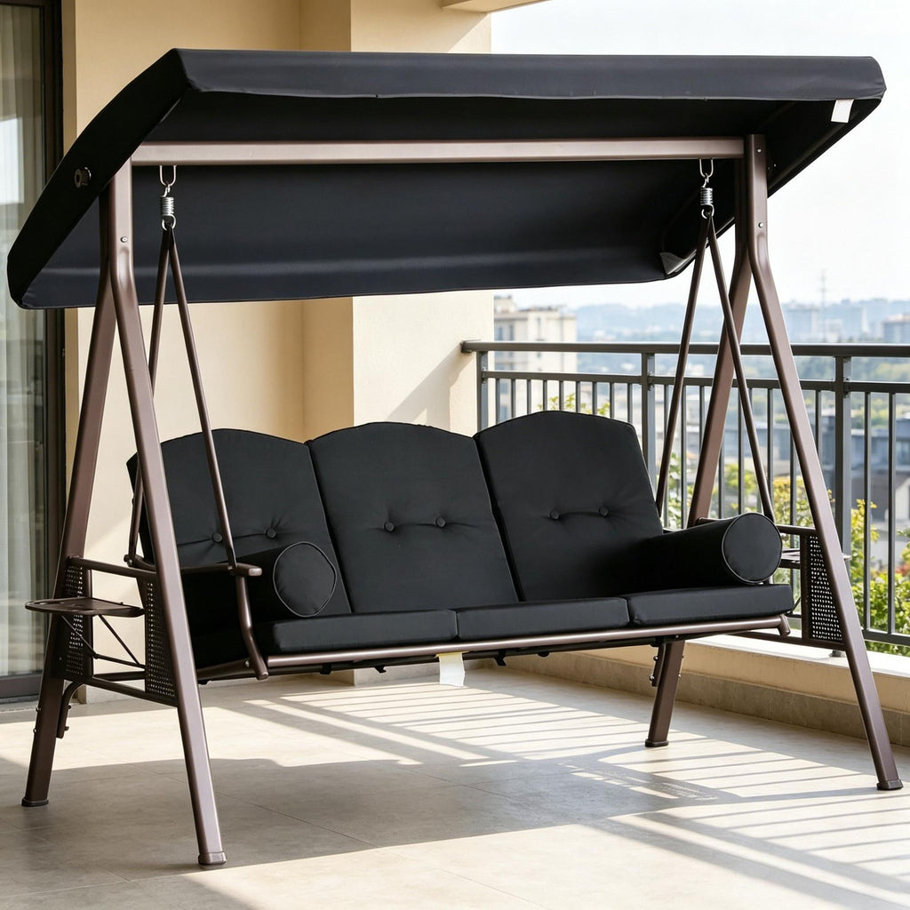 3-Seat Outdoor Patio Swing Chair Porch Glider with Adjustable Canopy Removable Cushion Pillows Side Trays for Garden Poolside Backyard Black