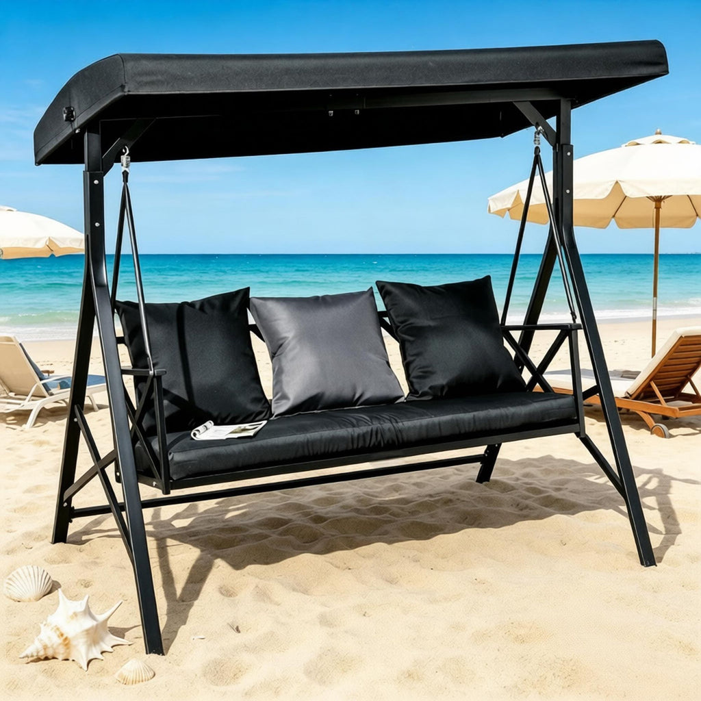 3-Seat Outdoor Patio Swing Chair Porch Glider with Cushion 3 Throw Pillows Adjustable Canopy for Garden Poolside Backyard Black