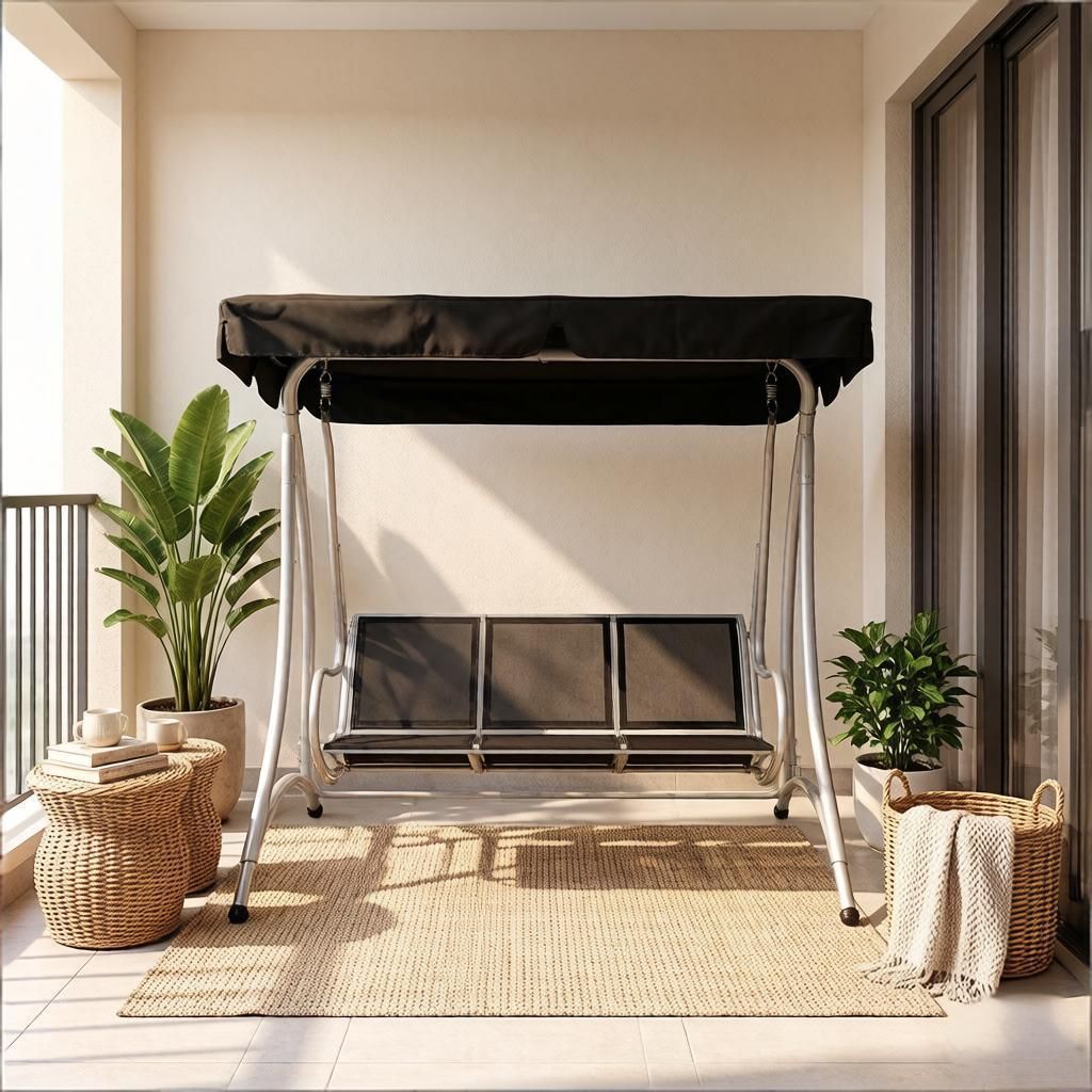 3-Seat Outdoor Porch Swing Chair Patio Swing Glider with Adjustable Canopy Breathable Seat Steel Frame for Garden Poolside Backyard Black