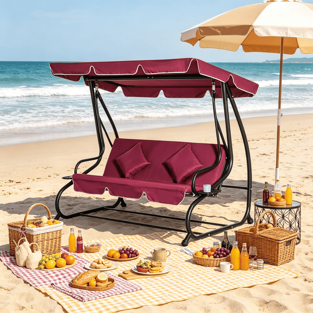 3-Seat Red Outdoor Patio Swing Chair with Adjustable Canopy Removable Cushion And Pillows Converts to Flatbed for Porch Garden Poolside Backyard