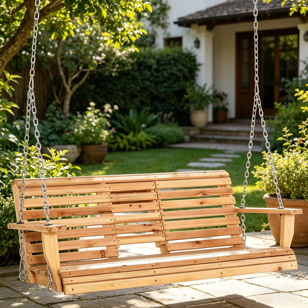 3-Seater Wooden Porch Swing Patio Swing Bench with Folding Coffee Table Cup Holders And Chains Included 440lbs Weight Capacity