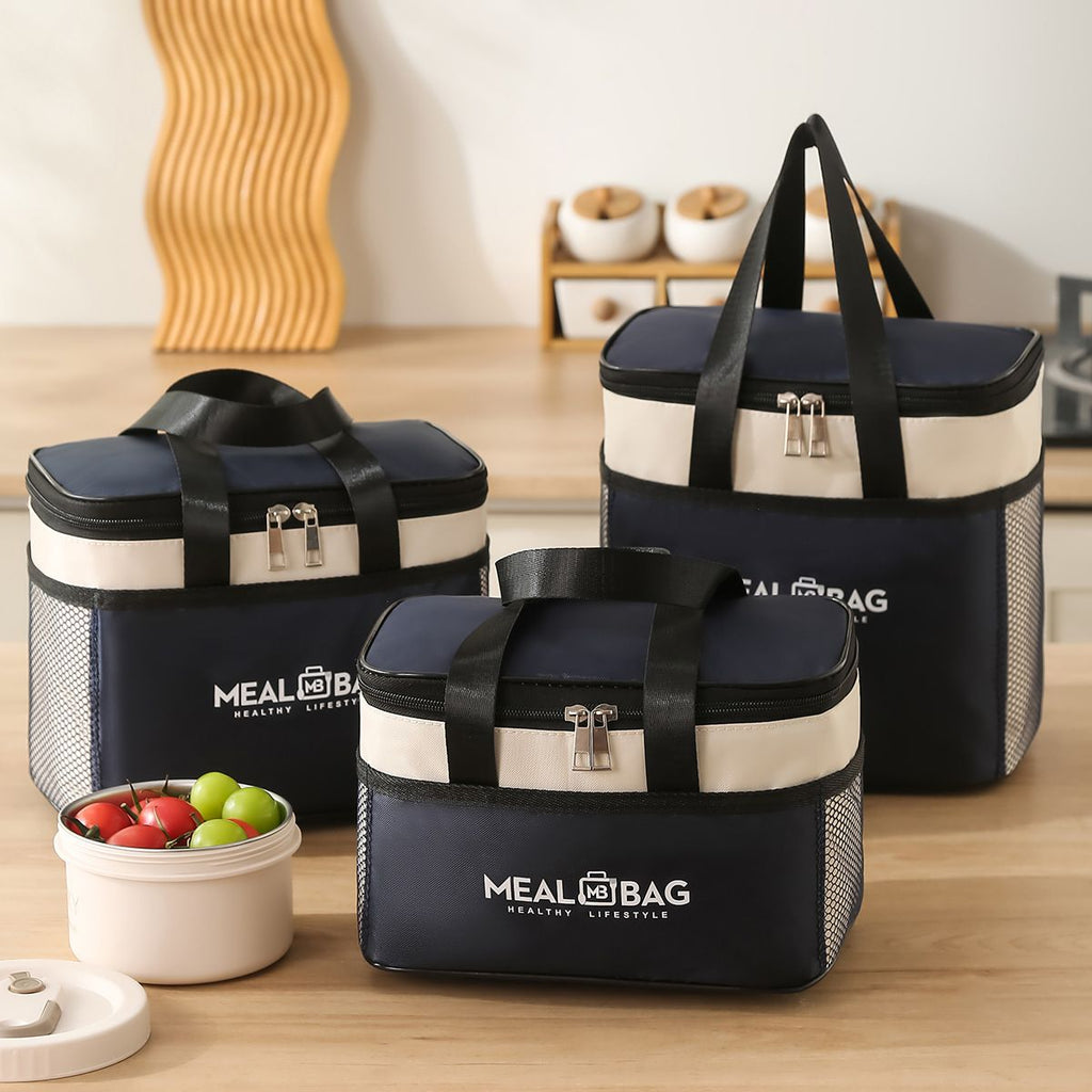 3 Sizes Thermal Insulated Lunch Box Bag, Two-Tone Waterproof Oxford Meal Carrier with Side Mesh Pocket, Leakproof Cooler Tote for Student & Office Worker