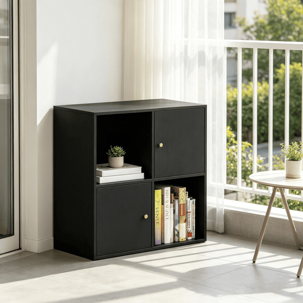 3-Tier Bookshelf 4-Cube Bookcase with Dual Anti-Tipping Kits And 2 Cabinets Home Decor Storage Organizer Shelves