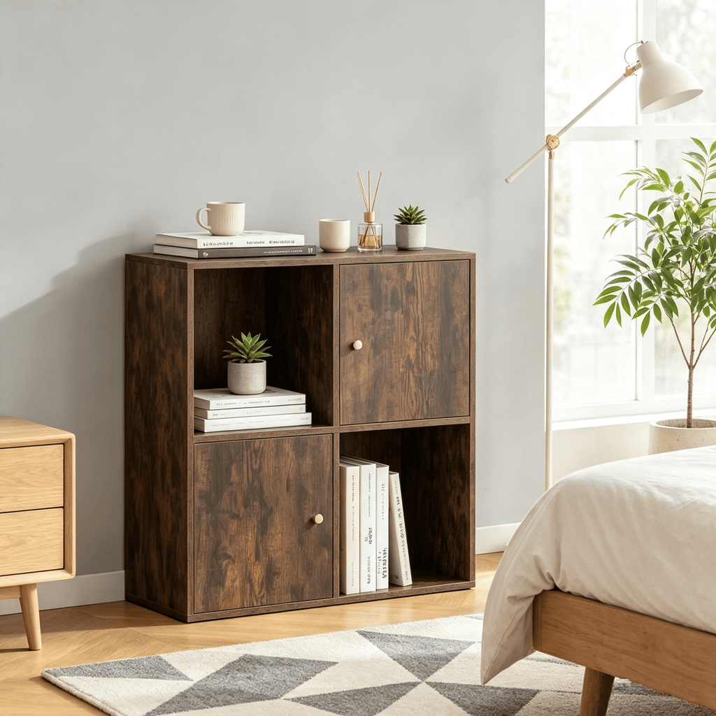 3-Tier Bookshelf 4-Cube Bookcase with Dual Anti-Tipping Kits And 2 Cabinets Home Decor Wall-Mounted Storage Organizer Shelves