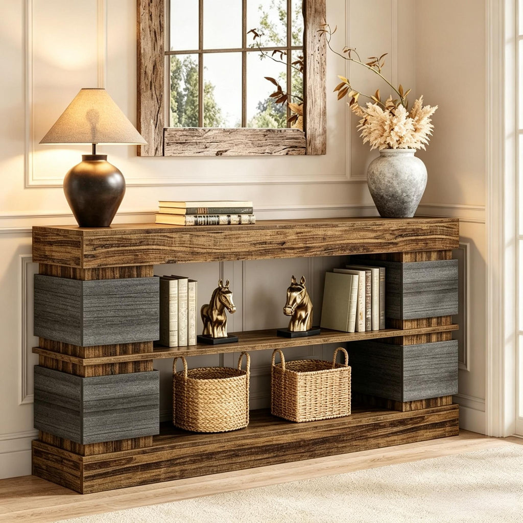 3-Tier Console Table 63 Inch Farmhouse Hallway Sofa Table Wood Storage Organizer Living Room Decorative Shelves