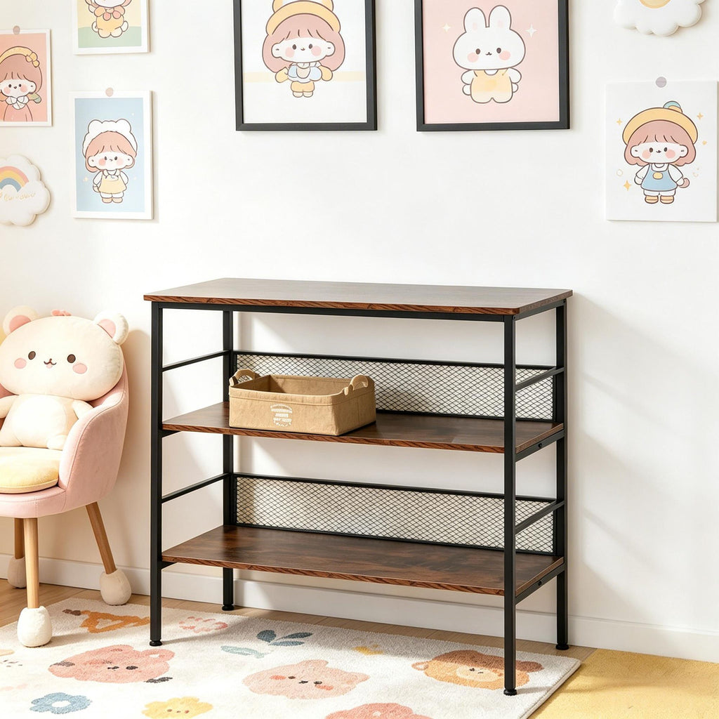 3-Tier Console Table Industrial Style Metal Wooden Shelf Storage with Adjustable Feet Robust Multi-Functional Design