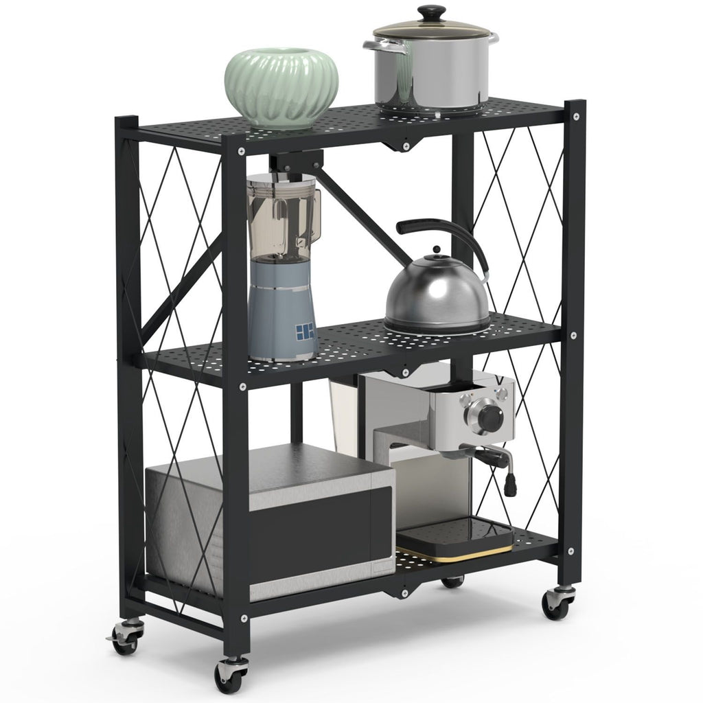 3-Tier Foldable Storage Shelf With Lockable Wheels No Assembly Rolling Utility Shelf Heavy Duty Collapsible Organizer Rack For Kitchen Living Room Basement Pantry Bedroom
