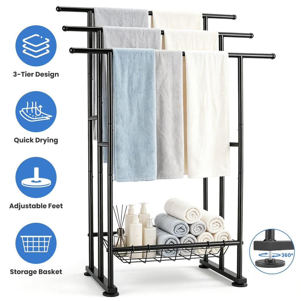 3-Tier Freestanding Towel Rack with Storage Basket Bathroom Towel Stand with Adjustable Leveling Feet Metal Towel Holder for Bathroom Bedroom Laundry Room