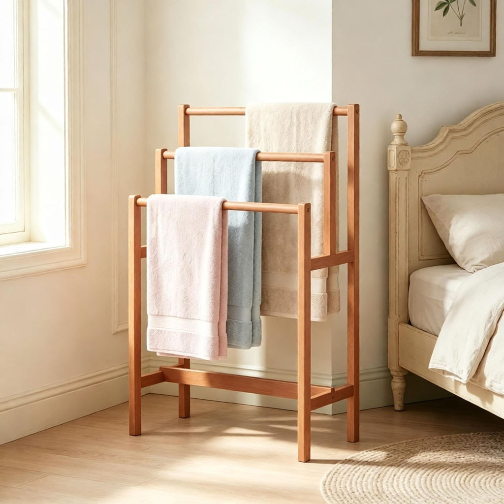 3-Tier Freestanding Wood Towel Rack with Teak Oil Finish Bathroom Storage Organizer Rack