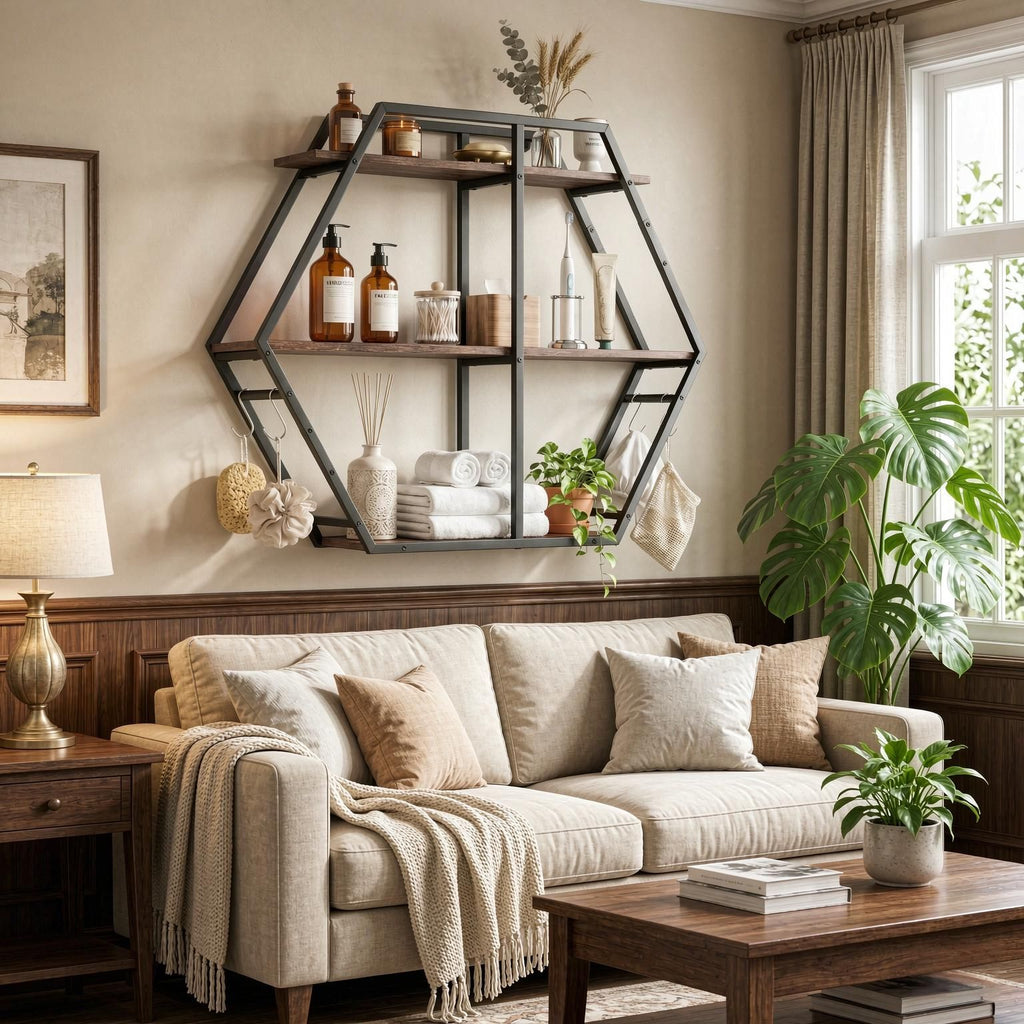 3-Tier Geometric Bookcase S-Shaped Hooks Living Room Organizer Shelves Modern Minimalist Bookshelf for Small Spaces