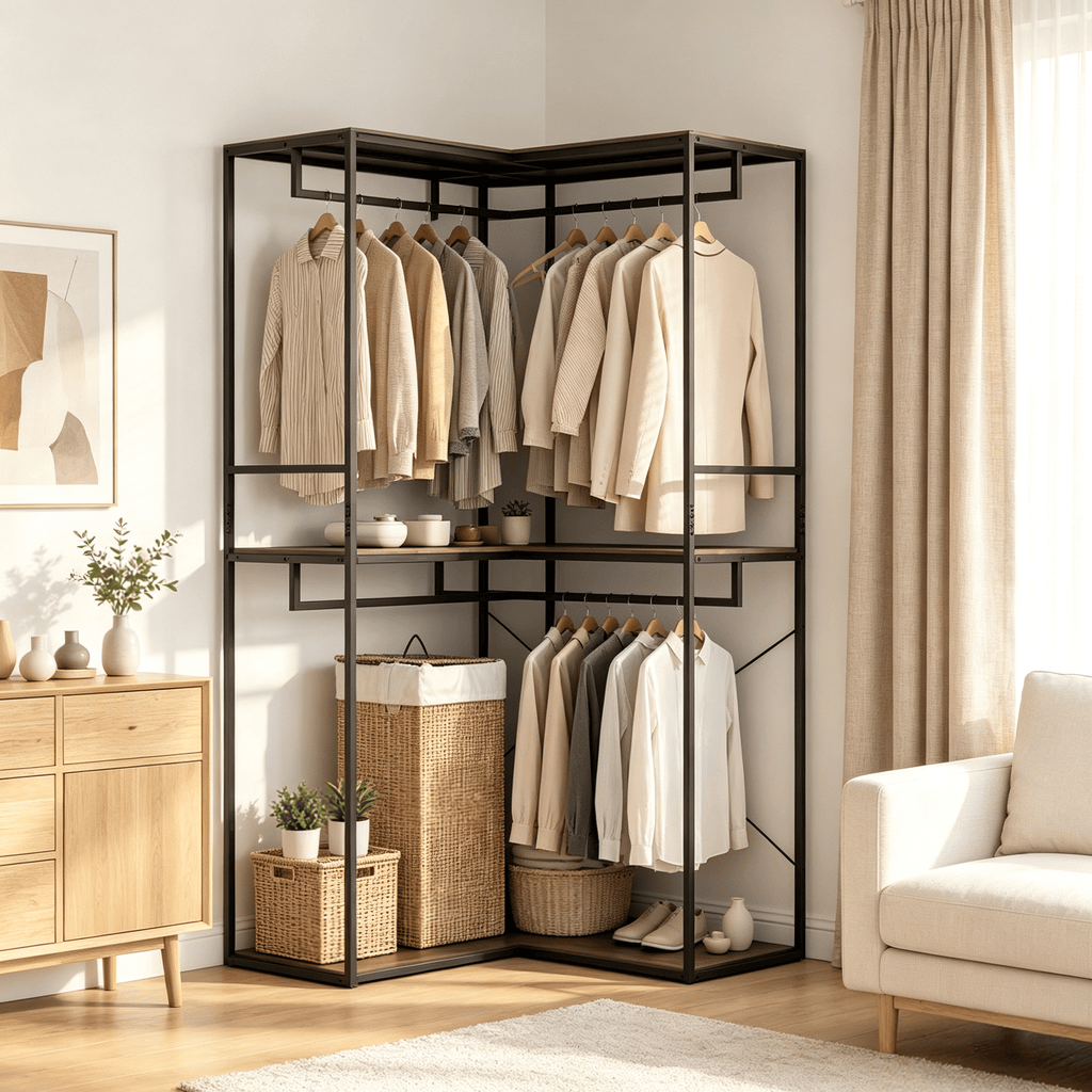 3-Tier Heavy Duty Clothes Rack 3 Shelves 2 Hanging Racks for Bedroom Living Room Wall Mounted Storage Organizer