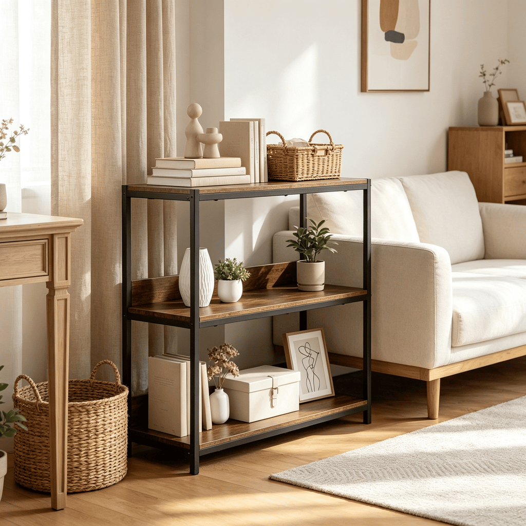 3-Tier Industrial Bookshelf Wooden Shelves Metal Frame Organizer Rack for Living Room Bedroom Office