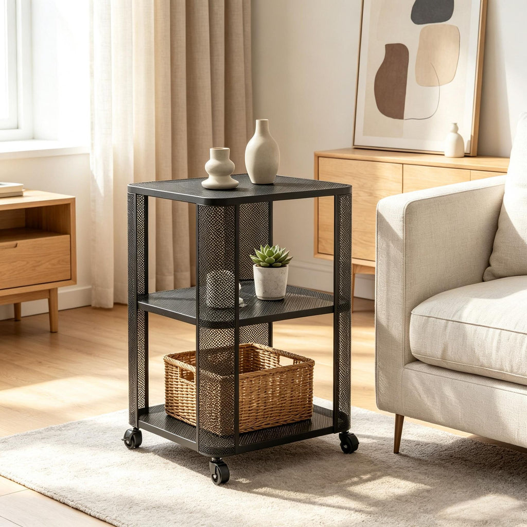 3-Tier Rolling End Table with Open Shelves Side Table with Wheels for Living Room Bedroom Rustic Industrial Style Coffee Table