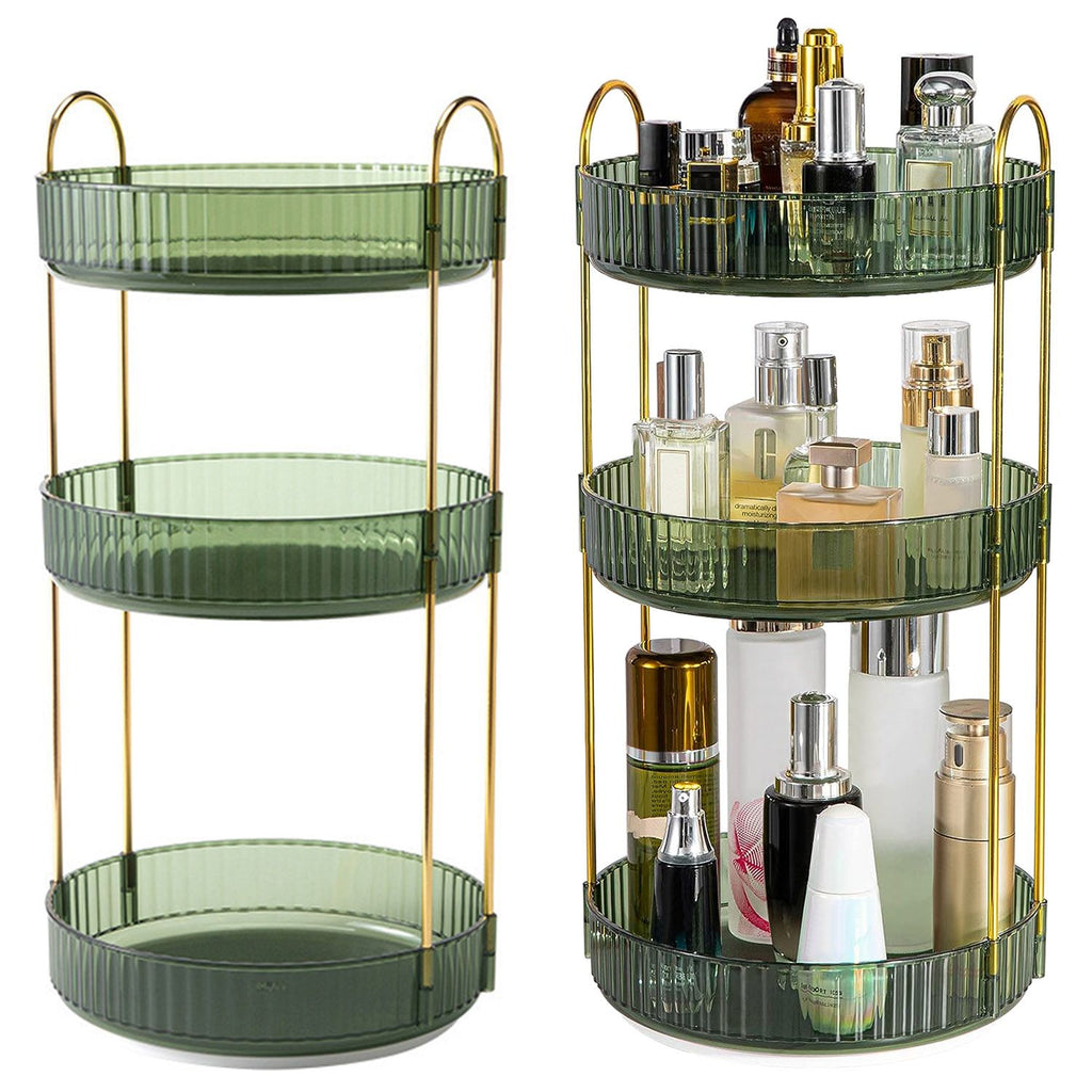 3 Tier Rotating Makeup Organizer 360° Spinning Perfume Cosmetic Storage Tray 55LBS Load Countertop Shelves for Lotion Lipstick