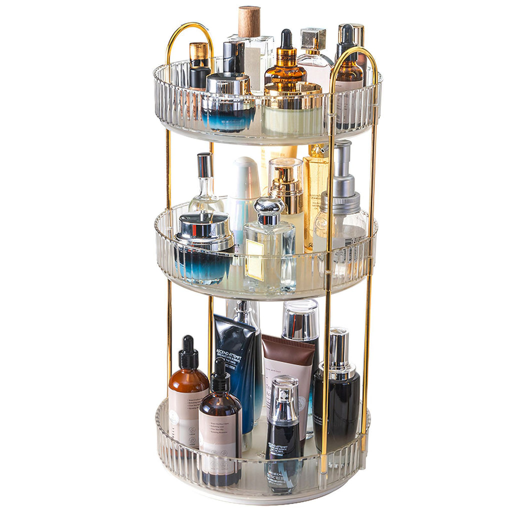 3 Tier Rotating Makeup Organizer 360° Spinning Perfume Cosmetic Storage Tray 55LBS Load Countertop Shelves for Lotion Lipstick