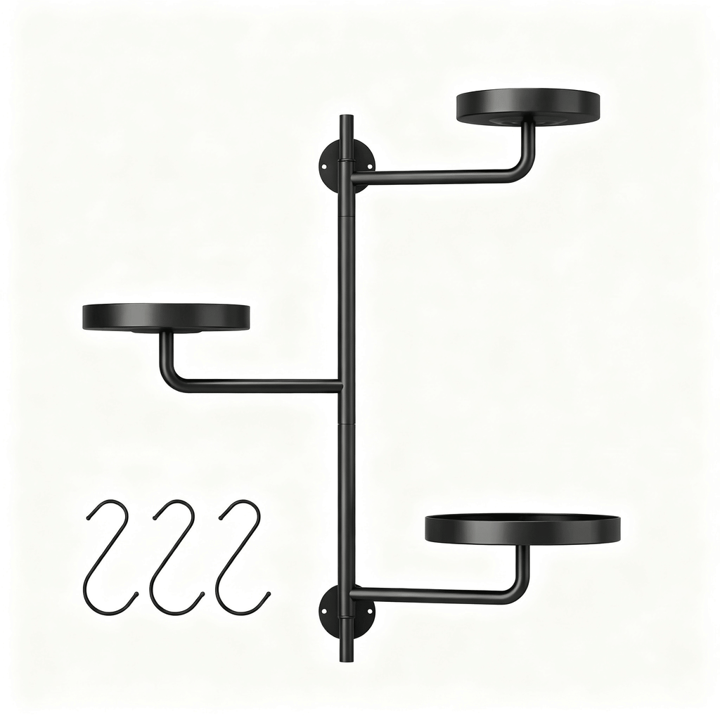 3-Tier Rotating Wall Mount Plant Shelf, Black Metal Swing Arm Plant Stand with Round Trays, Adjustable Wall-Mounted Display Rack for Indoor Plants, Books, Decor, Each Tray Holds Up to 20 LB (17.1 in H