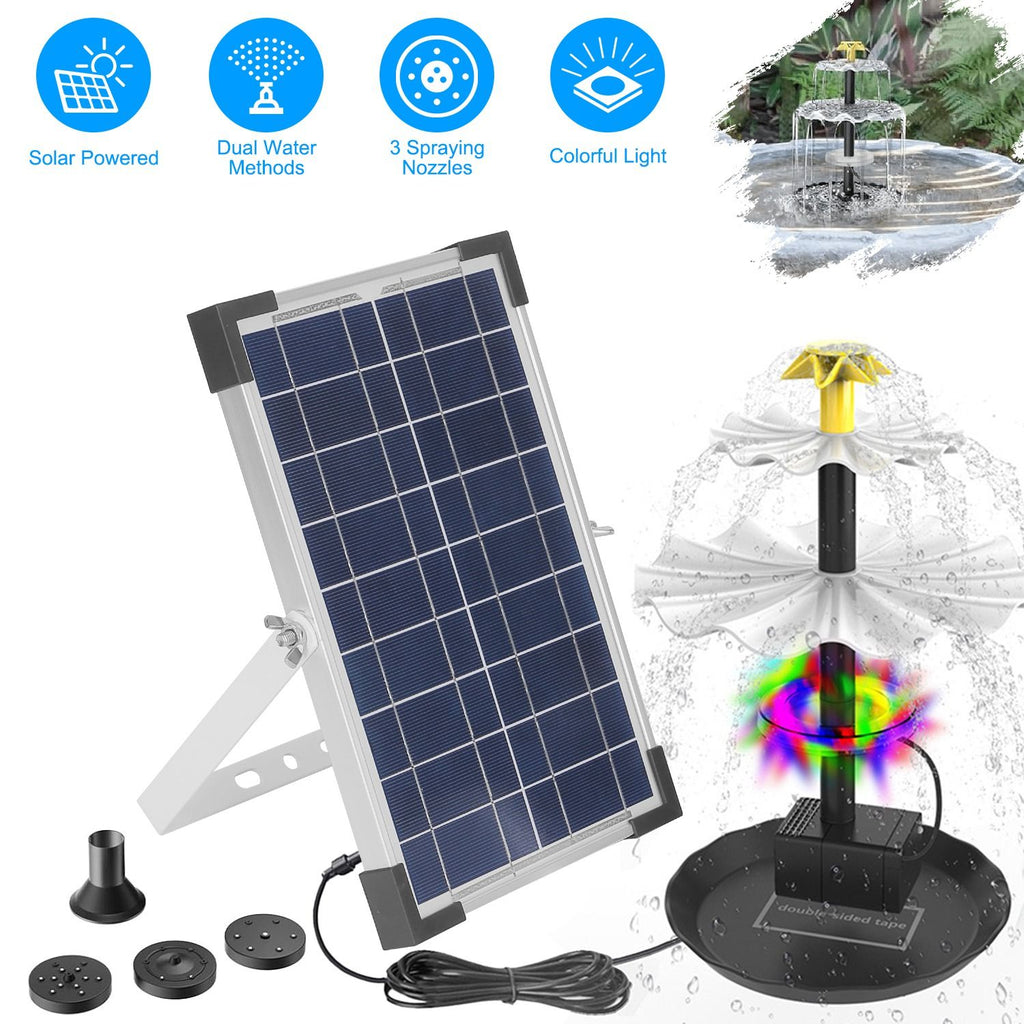 3-Tier Solar Bird Bath Fountain Solar Powered Water Pump Waterfall Feature with Colorful Light 3 Nozzles 6W Solar Panel for Bird Bath Patio Yard Pond Garden